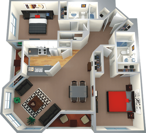 Floor plan for 2 beds, 2 baths, 1027 sqft